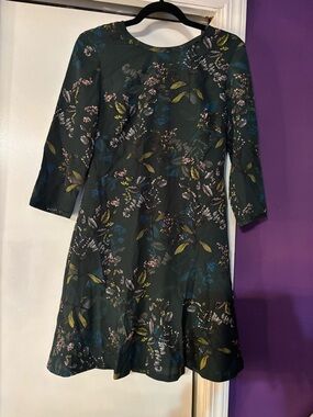 Banana Republic Vintage Dark Green Floral Fit-and-Flare Dress Zip Up